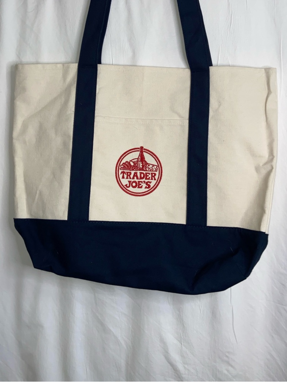 Trader Joe's Canvas Tote in Cream and Navy with Red Logo
